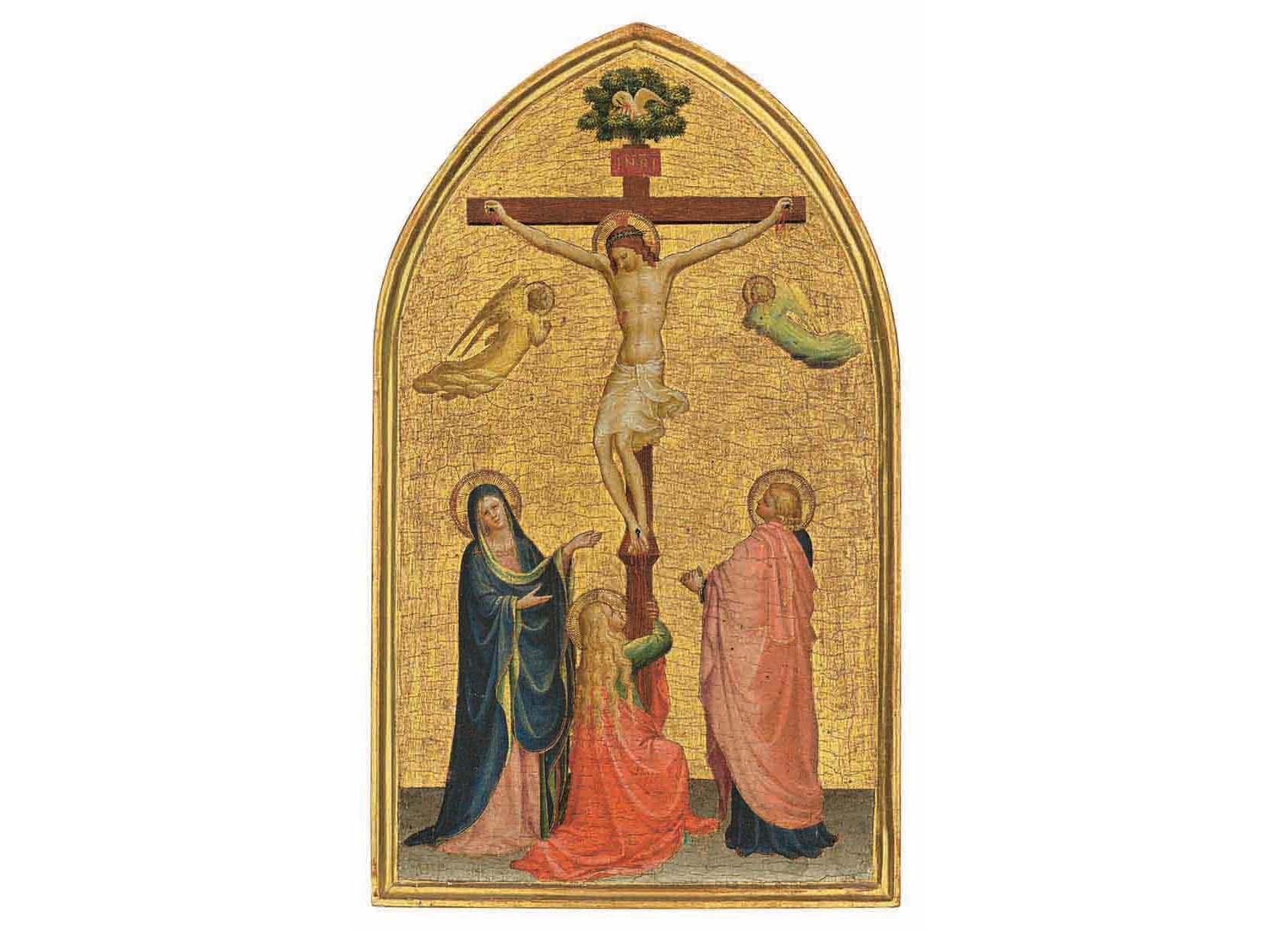 The Crucifixion with the Virgin, Saint John the Evangelist and the Magdalen, a tempera painting of the crucifixion of Christ on a panel with a gold background