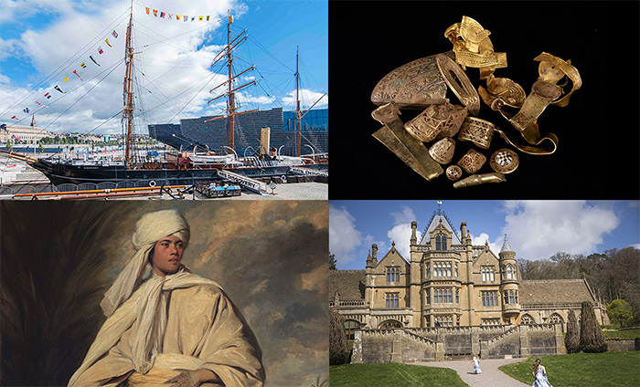 A composite image of a ship, a pile of gold artefacts, a large 19th century stone house and a painting of a person wearing white robes