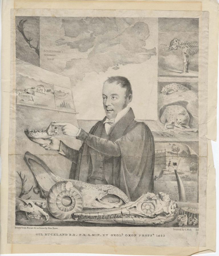 Hand drawn portrait of William Buckland showing him holding up a fossil and surrounded by them
