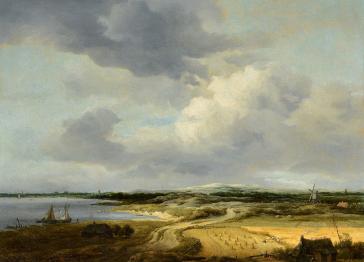 An oil painting shows a coastal landscape with a winding path, golden cornfields, a distant windmill, and sailboats on the water under a cloudy sky.