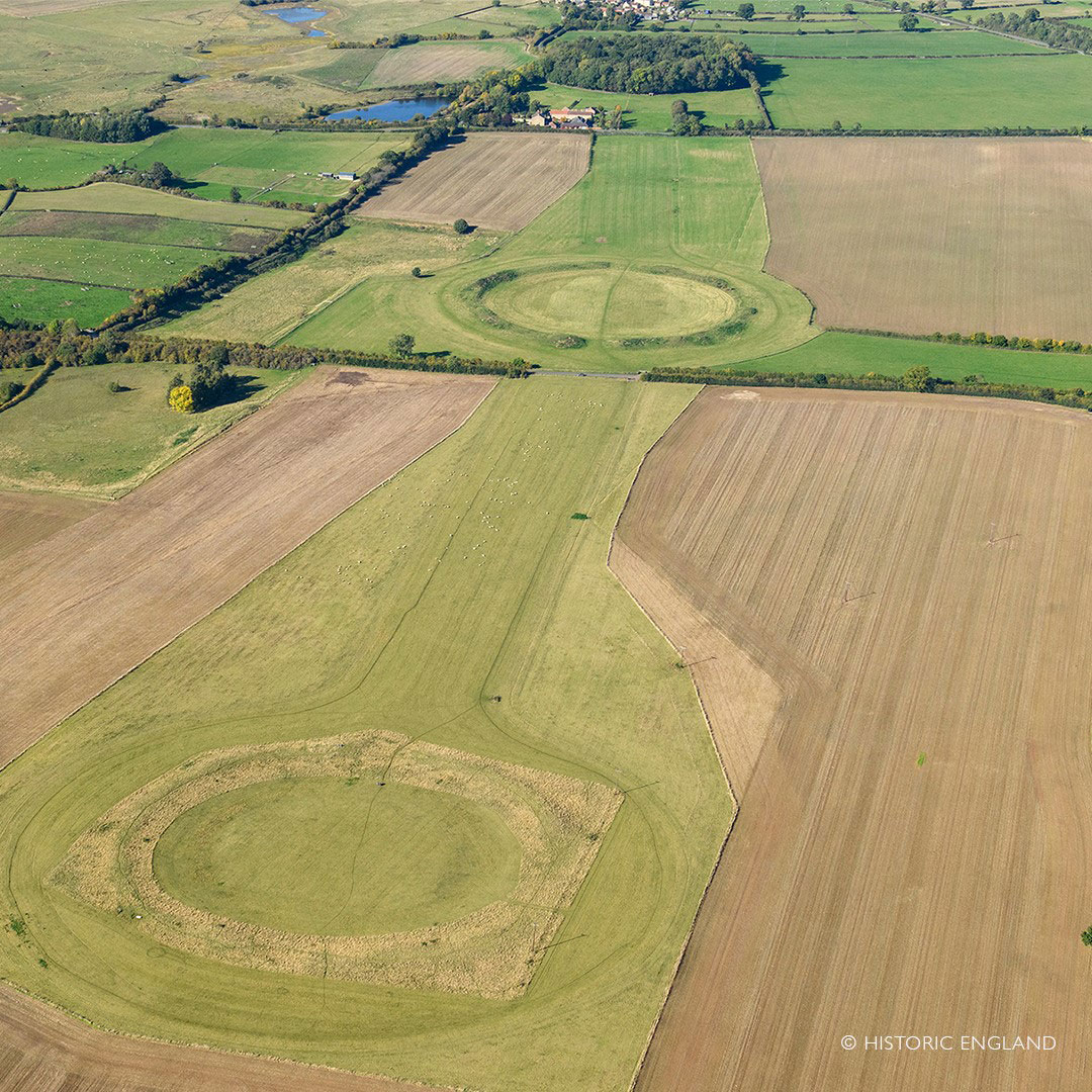 Thornborough Henges seen from above with three circular earthworks each more than 200 metres in diameter. 