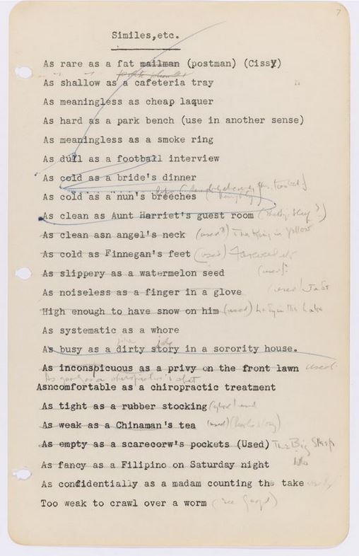 Close up of Raymond Chandler's Similes on aged paper, featuring crossed-out lines and handwritten notes in the margins, with three holes on the left side.