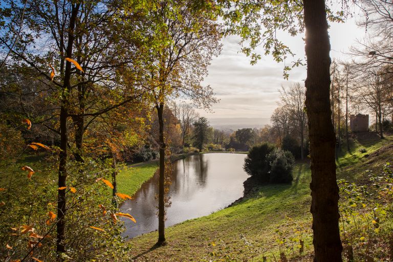 Views across the grounds at Hestercombe where trees and grass overlook a lake