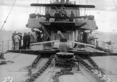 HMS Caroline with aircraft on flying off platform HMS Caroline with aircraft on flying off platform