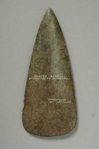 Polished jade axe-head dating from the early Neolithic, found at Newton Peverill Polished jade axe-head dating from the early Neolithic, found at Newton Peverill