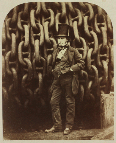 Isambard Kingdom Brunel standing in front of the chains of Brunel’s luxury steamship, SS Great Eastern in 1857