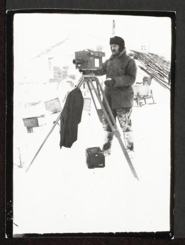 Herbert Ponting working in Antarctic conditions, Cape Evans, October 1911. One of a group of 109 photographs taken by Captain Scott whilst on the British Antarctic Expedition 1910-13 Herbert Ponting working in Antarctic conditions, Cape Evans, October 1911. One of a group of 109 photographs taken by Captain Scott whilst on the British Antarctic Expedition 1910-13