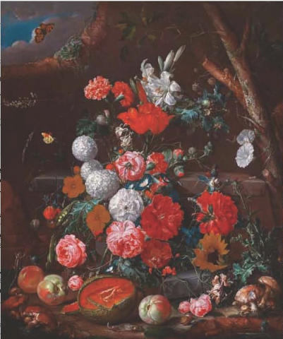 Cornelis de Heem's A Still Life of Flowers and Fruit arranged on a Stone Plinth in a Garden Cornelis de Heem's A Still Life of Flowers and Fruit arranged on a Stone Plinth in a Garden