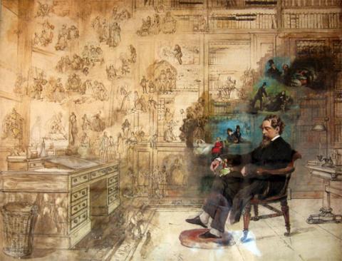 Dickens's Dream by RW Buss which features Dickens' iconic desk Dickens's Dream by RW Buss which features Dickens' iconic desk