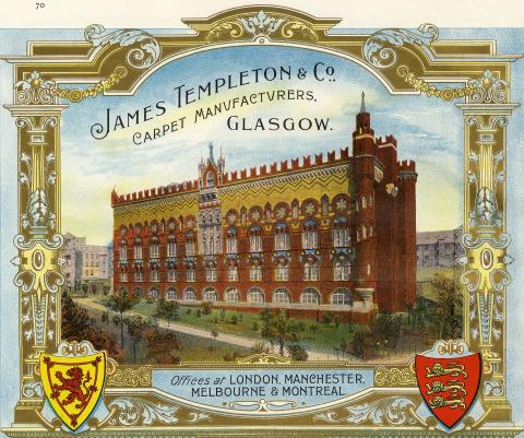 Advertisement for James Templeton & Co Carpet Manufacturers featuring their Glasgow factory Advertisement for James Templeton & Co Carpet Manufacturers featuring their Glasgow factory