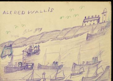 Scan of sketchbook with drawings of board on the sea with lighthouse on land in distance