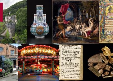 A collage showing several objects that have received NHMF funding: a castle, vase, painting, manuscript, train, fair ground ride, hand written words on a page, hoarde