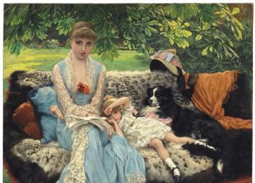 Painting of a woman sitting outside with a child and a dog