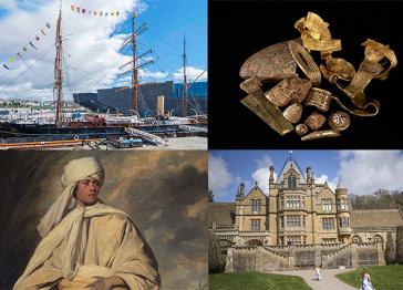 A composite image of a ship, a pile of gold artefacts, a large 19th century stone house and a painting of a person wearing white robes