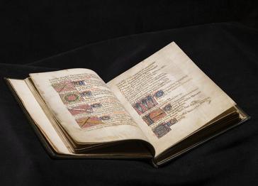 A bound Medieval manuscript open to a page of text illustrated with objects relating to the Passion of Christ