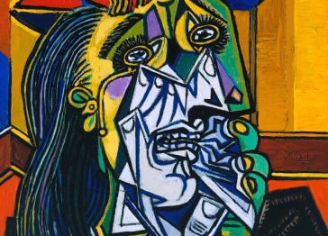 Oil on canvas with vibrant colours depicting a woman crying in cubist style