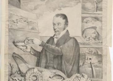 Hand drawn portrait of William Buckland showing him holding up a fossil and surrounded by them