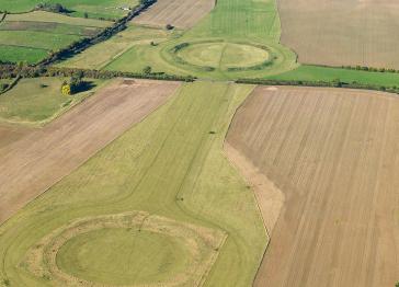 Thornborough Henges seen from above with three circular earthworks each more than 200 metres in diameter. 