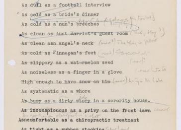 Close up of Raymond Chandler's Similes on aged paper, featuring crossed-out lines and handwritten notes in the margins, with three holes on the left side.
