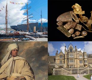 A composite image of a ship, a pile of gold artefacts, a large 19th century stone house and a painting of a person wearing white robes