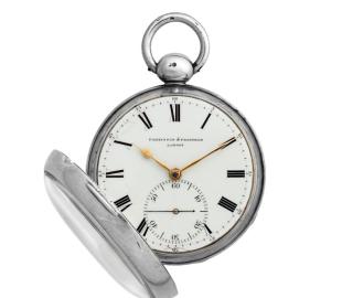 Close up of pocket chronometer showing the cover open with the hands shown at 10:10 